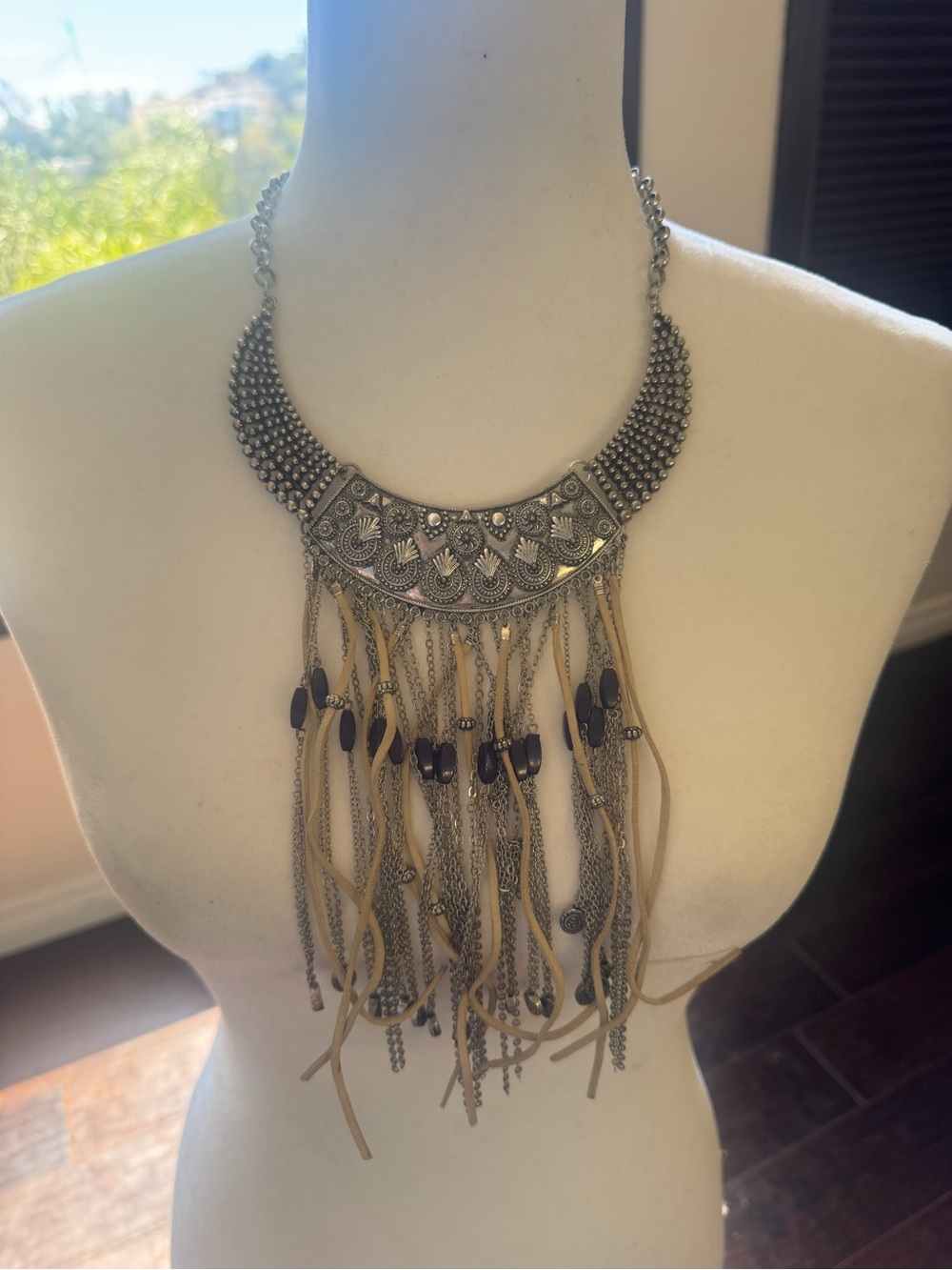 Boho Silver Statement Fringe Necklace with Blue Accents beige choker - Picture 4 of 6